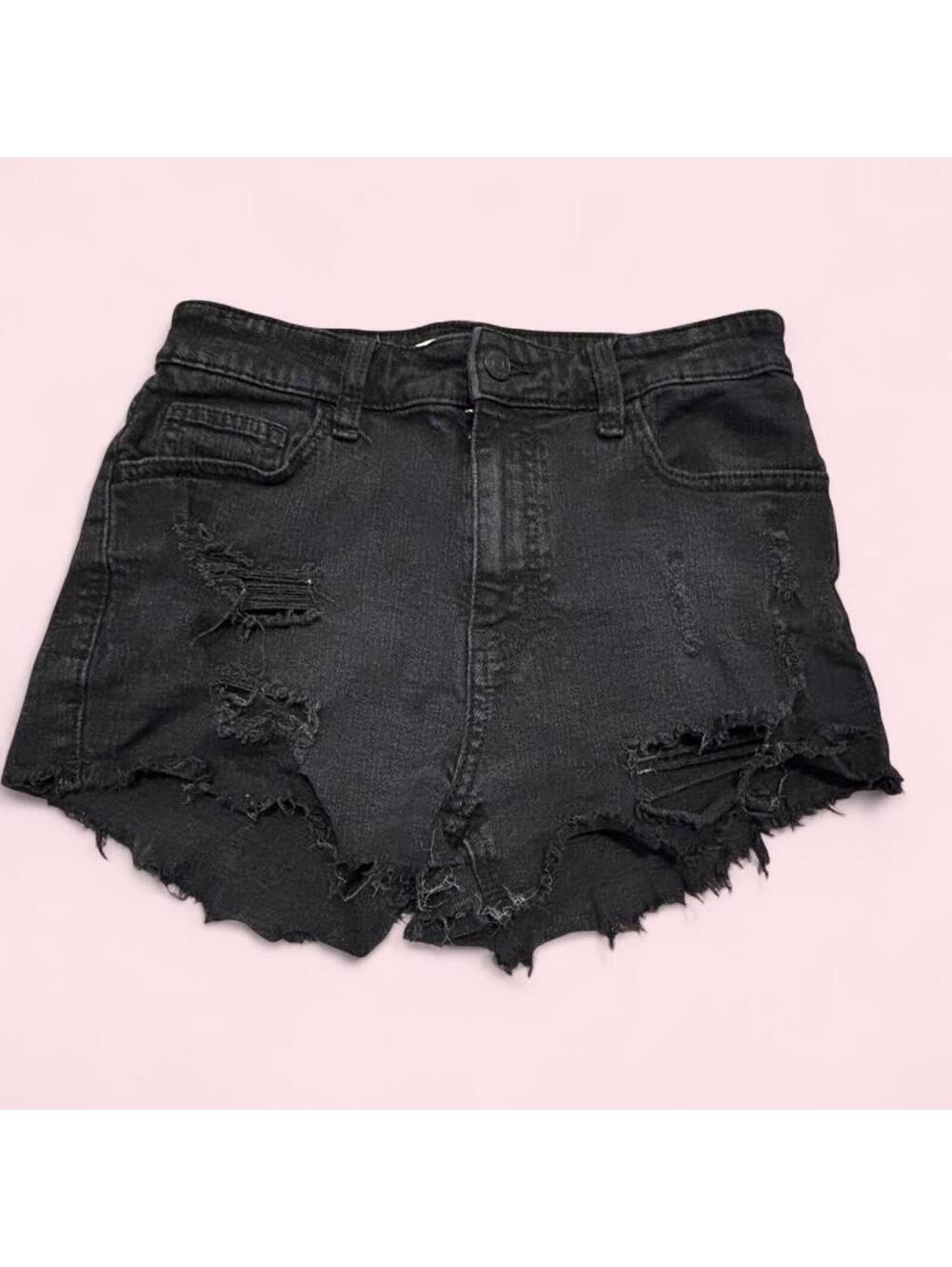 Black Distressed Denim Shorts Raw Hem Mid Rise XS